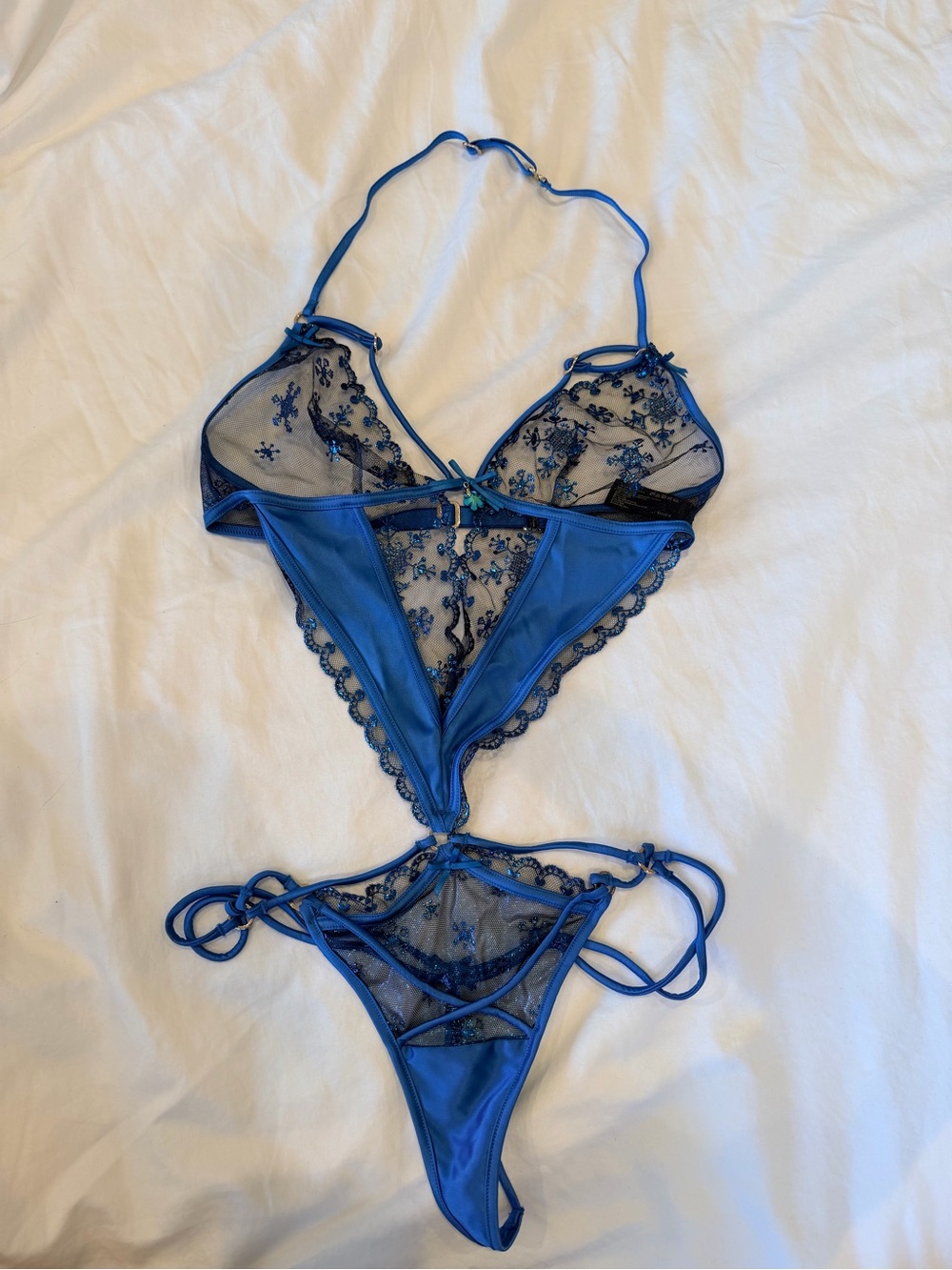 ❄️ NEW Honey Birdette Sassy K Blue Sheer Snowflake Lace Playsuit - XS ❄️ - Picture 3 of 6